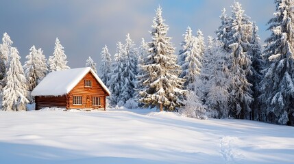 A peaceful winter scene with snow-covered trees and a cozy cabin, embodying warmth and comfort during the cold season