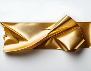  torn strip of metallic gold adhesive tape, laid flat with jagged edges and subtle folds, isolated on a clean white background