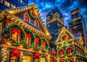 Obraz premium Enchanting Christmas Architectural Photography of Festively Decorated Buildings on December 24th