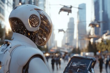 A robot engaged and studying data on a digital tablet amidst a bustling cityscape, encapsulating the seamless integration of AI and contemporary life.