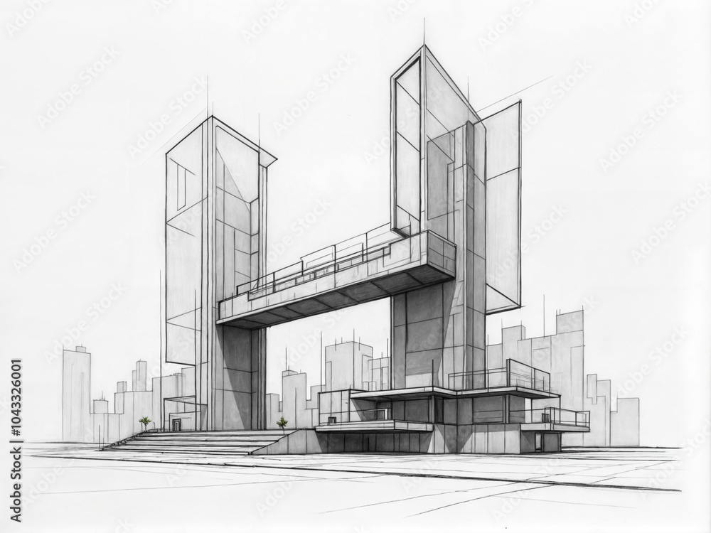 Poster abstract sketch of a concrete building under construction. generative ai