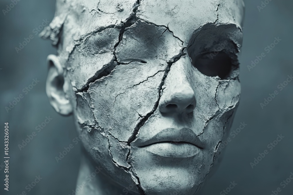 Poster a crumbling statue with cracks running through it, symbolizing the fragility and decay of extremist 