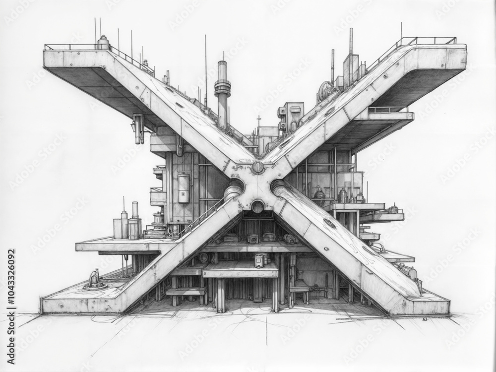 Poster abstract sketch of a concrete building under construction. generative ai