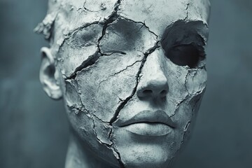 A crumbling statue with cracks running through it, symbolizing the fragility and decay of extremist ideologies.