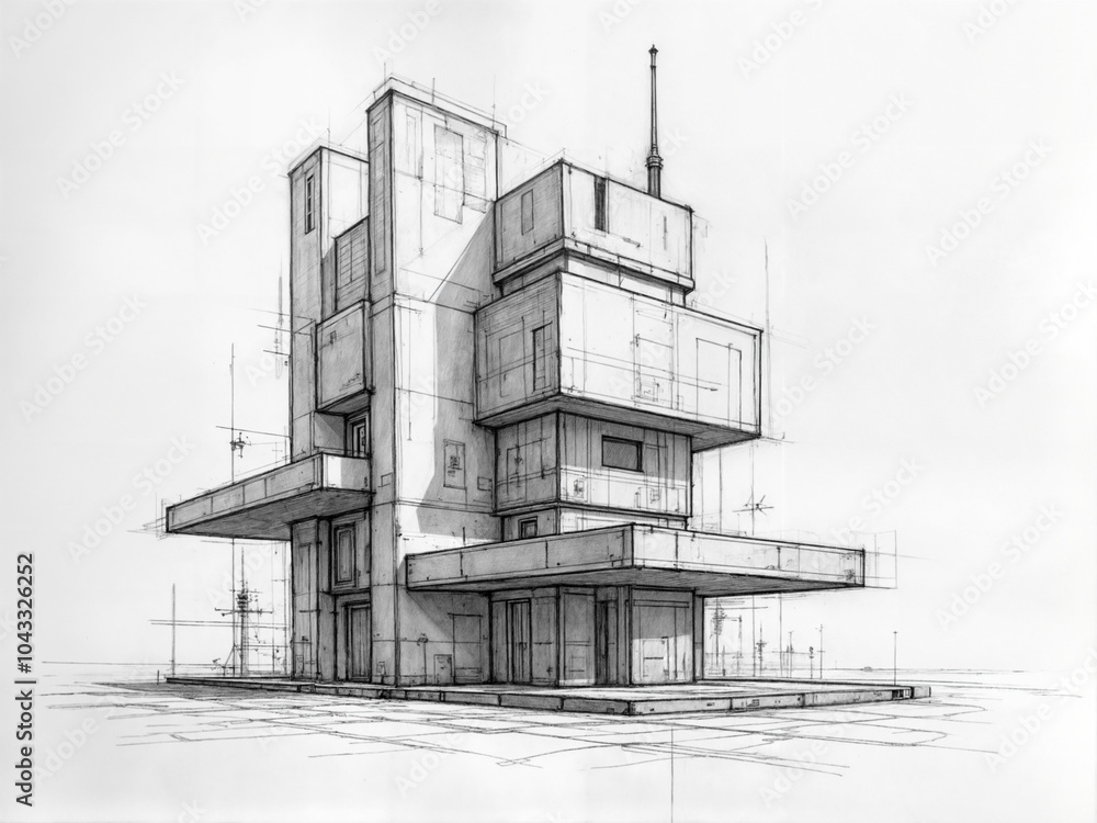 Aufkleber abstract sketch of a concrete building under construction. generative ai