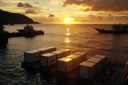 Sunset view from a harbor with ships and cargo containers, casting beautiful reflections on the water, creating a serene maritime scene.