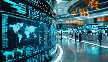A modern trading room displaying digital maps, data streams, and stock information, bustling with professionals engaged in market analysis.