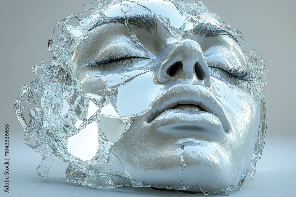 Poster a fractured mirror reflecting a distorted human face, symbolizing the identity crises and internal c