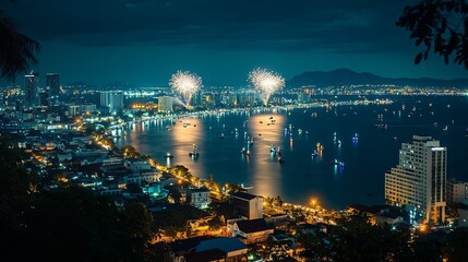 A picturesque view of fireworks erupting over the famous Pattaya Bay, creating a stunning visual spectacle for onlookers.