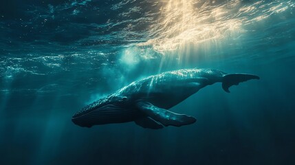 Naklejka premium A humpback whale swims in the ocean.