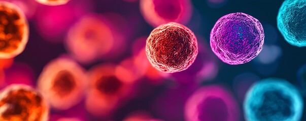 Colorful microscopic cells on a dark background, biological concept.
