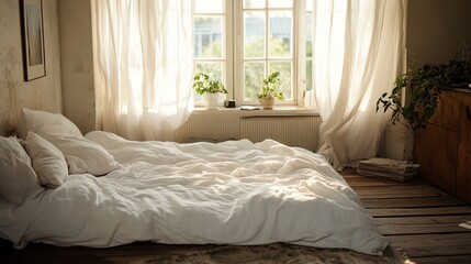 A white bed with white linens and pillows, with sunlight streaming through the window.