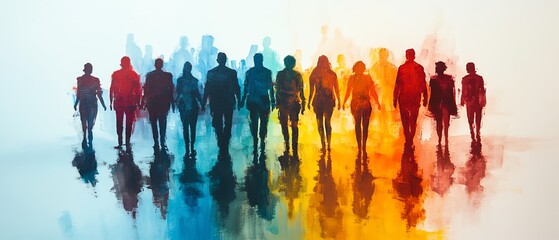 Obraz premium Group of people represented in an artistic style using simple shapes and bold colors, standing together on a bright white background, highlighting the essence of collaboration