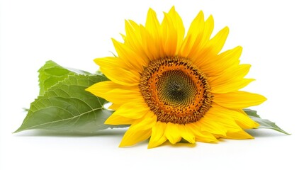 Obraz premium A single yellow sunflower with green leaves laying on a white background.