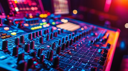 Fototapeta premium A professional sound mixer setup at a concert venue, showcasing an array of knobs, sliders, and digital screens.