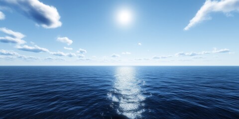 Obraz premium Tranquil blue ocean with bright sunlight and puffy clouds in the sky.