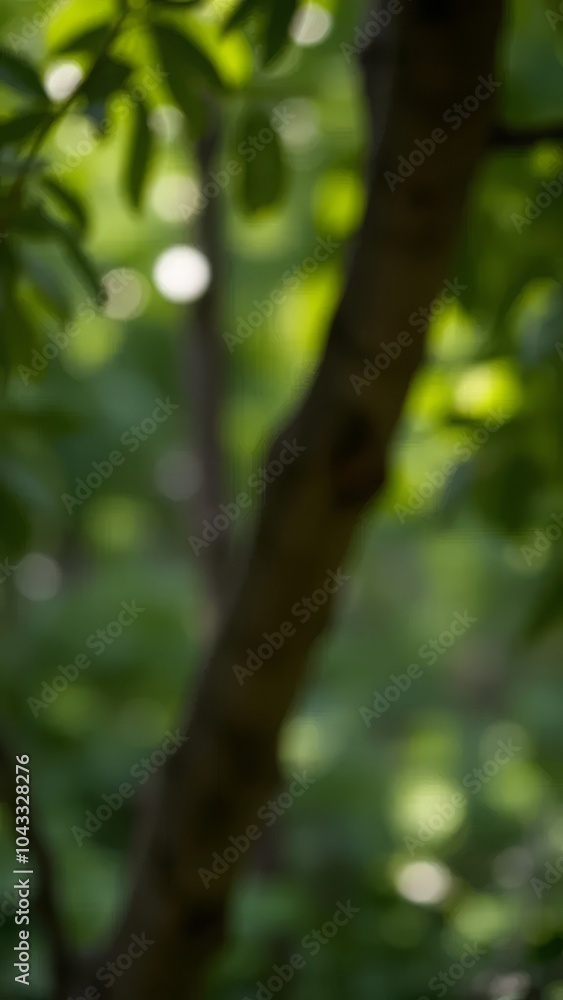 Poster blurry image of a tree with green leaves and dappled sunlight, creating a serene and dreamy forest a