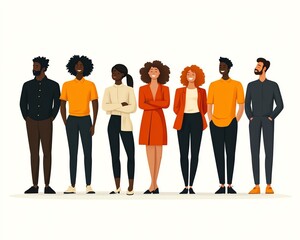 Fototapeta premium Illustration of several people standing next to each other in silhouette, showcasing diverse skin tones against a clean white background, symbolizing unity and inclusivity