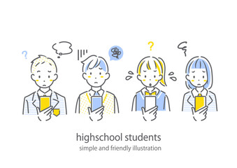 スマホについて悩む高校生　シンプルでお洒落な線画イラスト