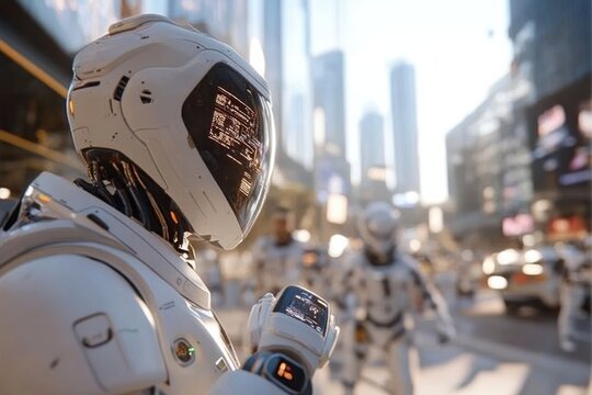 A collection of robots navigate through a vibrant and futuristic city, highlighting advanced robotics and their integration into everyday urban environments.