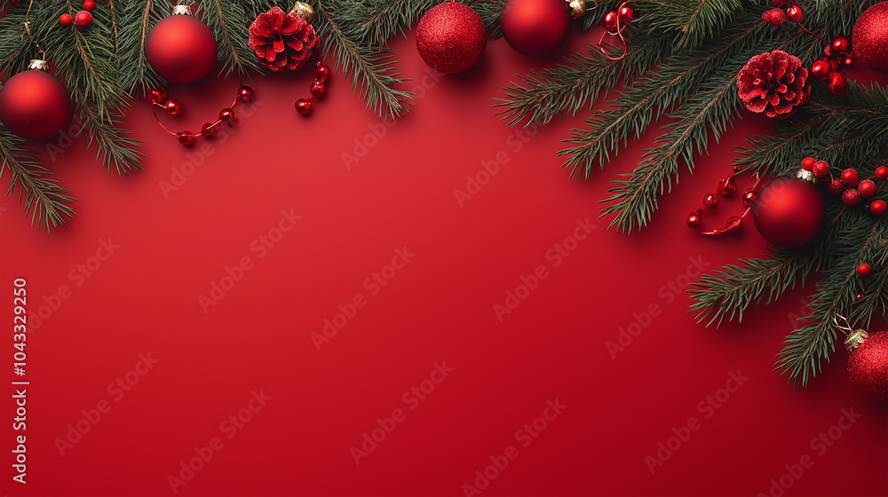 Wall mural a red background with a red border and a red christmas tree with red ornaments