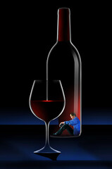 A man who is an alcoholic sits at the bottom of a wine bottle and comtemplates his situation in a dramatic rim lighted 3-d illustration about alcoholism.