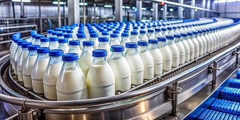 A conveyor belt carrying rows of glass bottles filled with fresh milk, ready for packaging and distribution. © Kukar Studio