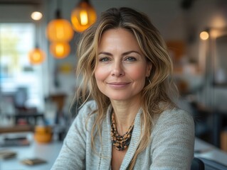 Obraz premium confident middle-aged businesswoman at her sleek workspace, smiling while working on her laptop, surrounded by a modern office environment that reflects professionalism and productivity