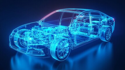 Fototapeta premium Detailed view of power connections in a vibrant blue electric car battery.