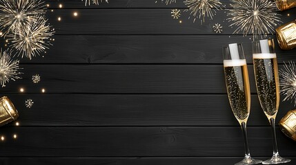 Festive champagne flutes surround sparkling fireworks and gold decorations on a dark wooden background, perfect for celebrations and New Year's Eve.