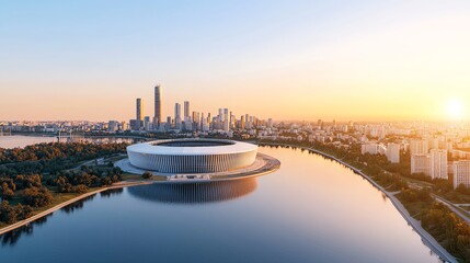 Naklejka premium Modern stadium near urban skyline at sunset, water reflection, serene landscape.