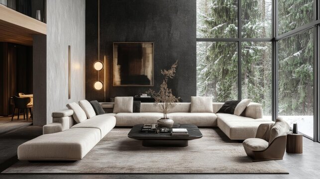 a modern living room in a black and white color scheme, in the style of dark gray and dark beige, rustic naturalism, reinforced concrete construction, 32k uhd, rustic scenes
