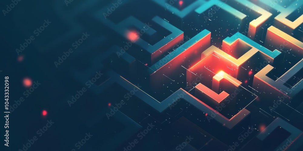 Poster a 3d rendering of a futuristic, intricate maze with a glowing red center, symbolizing challenges, so