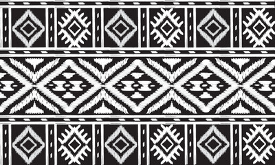 Ikat, Intricate black and white geometric pattern with repeating diamonds. Tribal influence, suitable for textiles or wallpaper.