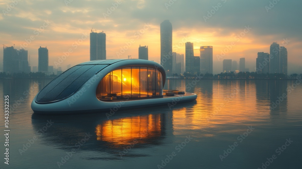 Poster a futuristic floating home captures the sunset's warm glow, surrounded by an urban skyline. soft ref