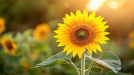 Fototapeta premium A vibrant sunflower stands tall in a field, illuminated by warm sunlight, symbolizing joy and positivity.