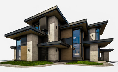 3d rendering of modern two story house with gray and wood accents, large windows, parking space in the right side of the building, daylight, isolated on white