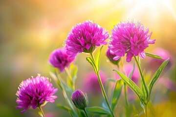 Obraz premium Vibrant purple clover flowers basking in soft morning sunlight, creating a serene and joyful scene of natural beauty and tranquility.