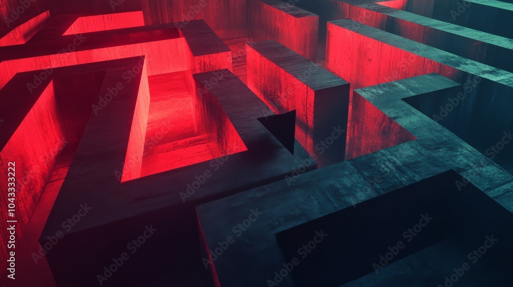 Poster red neon maze: a captivating abstract image of a labyrinthine maze bathed in red neon light, creatin