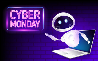 Cyber Monday sale concept banner with trendy neon glow effect. Realistic robot with laptop offers Cyber Monday discounts. Realistic 3D chatbot assistant with neon sign. Vector illustration