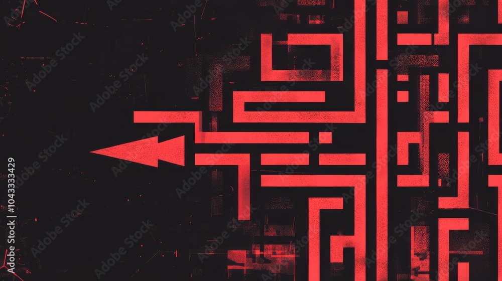 Poster red arrow through the maze: a bold red arrow breaks through a labyrinth of black lines, symbolizing 