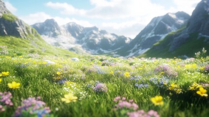 Fototapeta premium Lush meadow with wildflowers in front of snow-capped mountains.