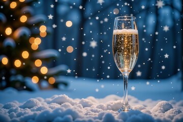 A champagne glass sits in the snow by a Christmas tree