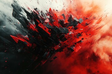 Abstract explosion digital artwork with dynamic red and black shards bursting, perfect for futuristic backgrounds, technology themes, modern design projects, sci-fi presentations, energetic mood, viv