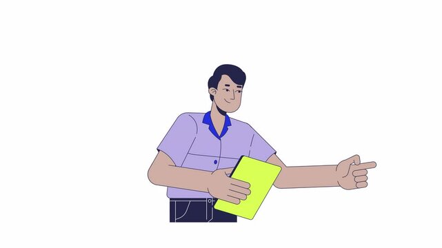 Administrator supervisor indian man holding clipboard finger up 2D character animation. Manager cartoon 4K video, alpha channel. Male inspector pointing up animated person on white background