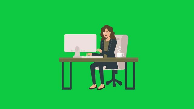 Career Woman Working on desk typing on computer screen on chair with coffee besides her seamless loop with greenscreen