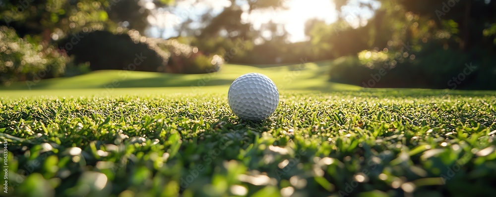 Wall mural dynamic closeup of a white golf ball on a tee, set on a green golf course, vibrant sunlight illumina