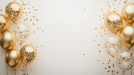 Golden and transparent balloons filled with shimmering gold confetti are arranged on either side of a light background