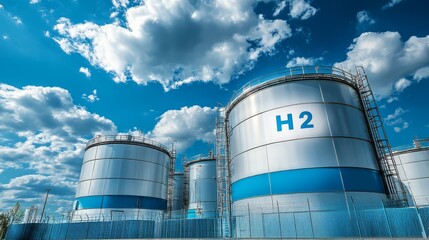 Hydrogen Energy: A row of large, cylindrical tanks marked "H2" stand against a backdrop of a clear blue sky and fluffy white clouds, symbolizing the promise of a cleaner, sustainable future.  