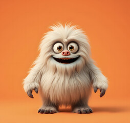 Obraz premium Cheerful fluffy monster on a clean bright orange background. Joyful and furry little monster. Charming yeti. Halloween character.